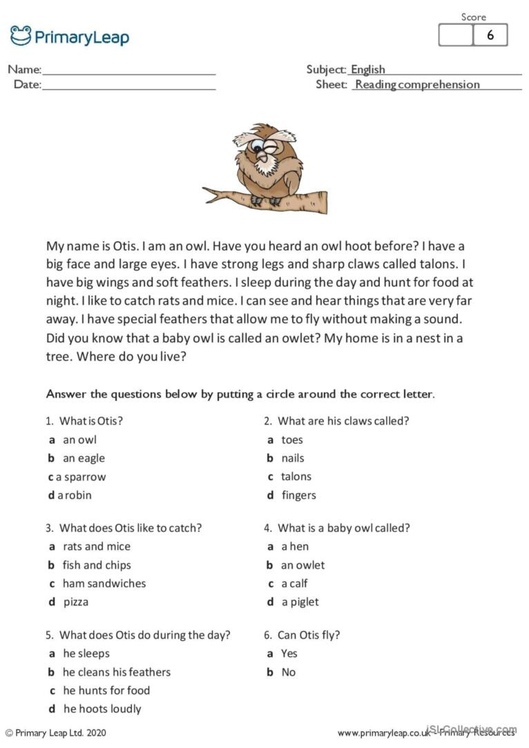 Reading Comprehension - Otis The Owl…: English Esl Worksheets Pdf throughout Reading Comprehension Worksheets Multiple Choice
