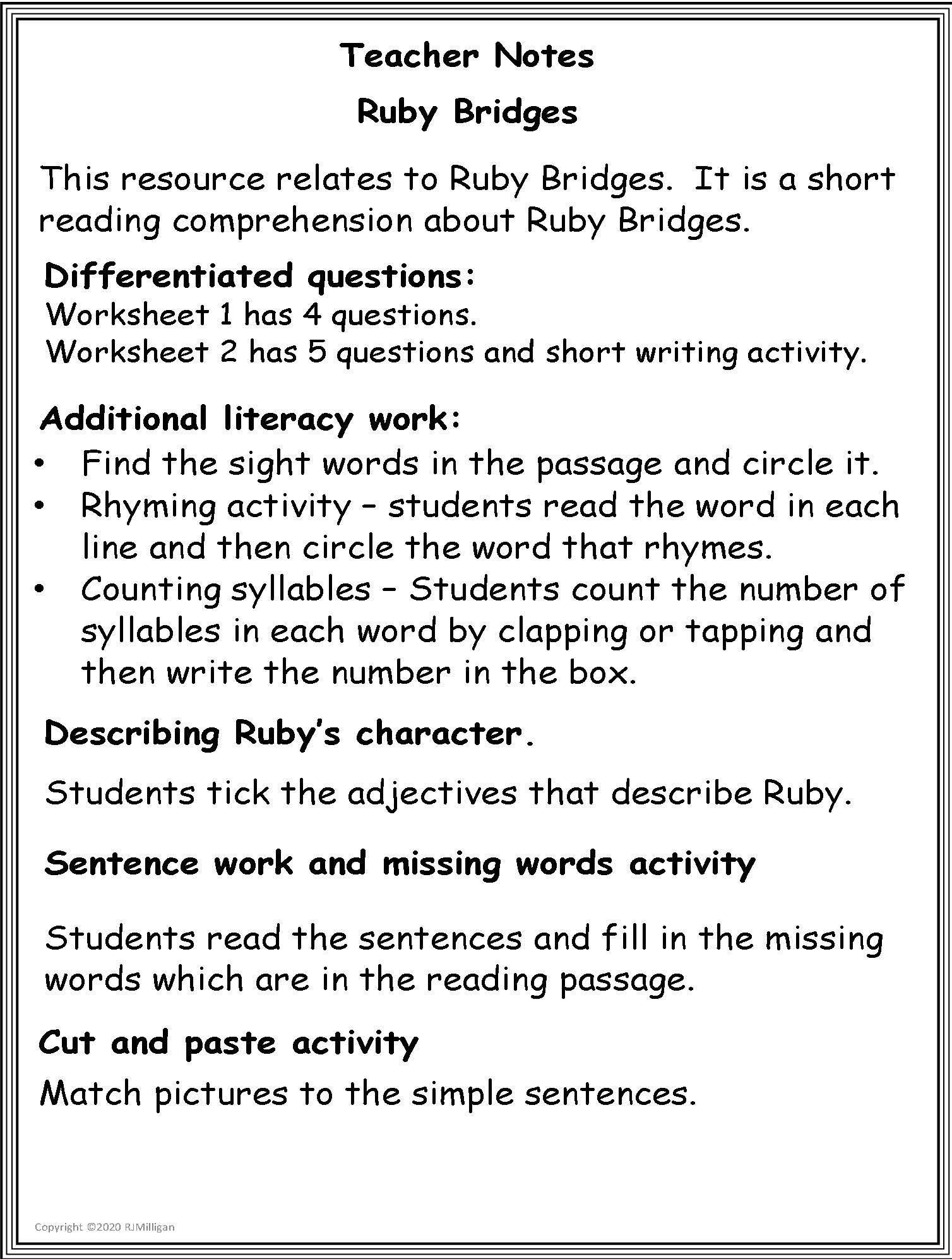 Reading Comprehension Passage Questions Worksheets Ruby Bridges pertaining to Ruby Bridges Reading Comprehension Worksheet
