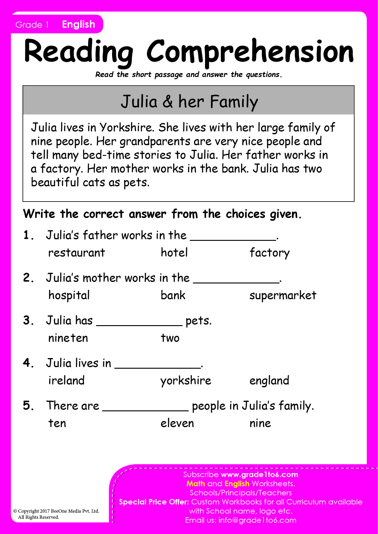 Reading Comprehension Passages | Grade 1 Pyp Ib in Free 1st Grade Reading Comprehension Worksheets