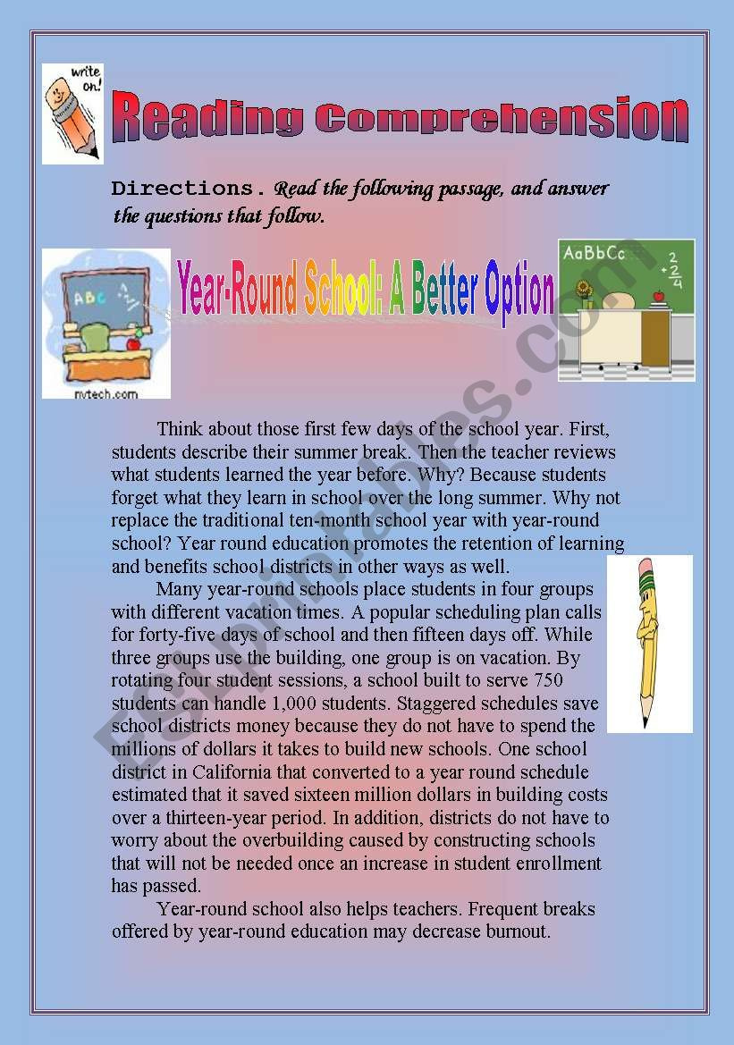 Reading Comprehension- Persuasive Passage: Year-Round School : A intended for Persuasive Reading Comprehension Worksheets