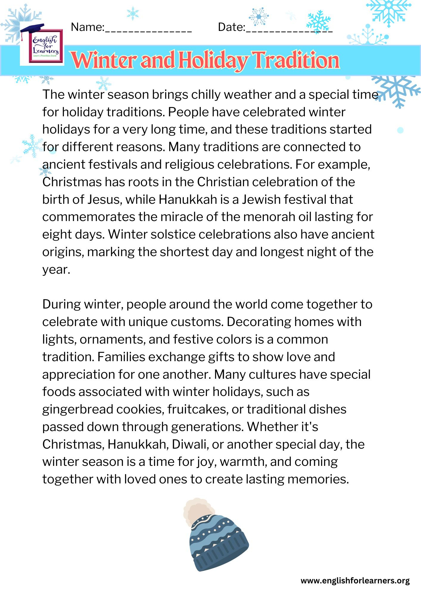 Reading Comprehension Practice Winter And Holiday Tradition - in Winter Holiday Reading Comprehension Worksheets