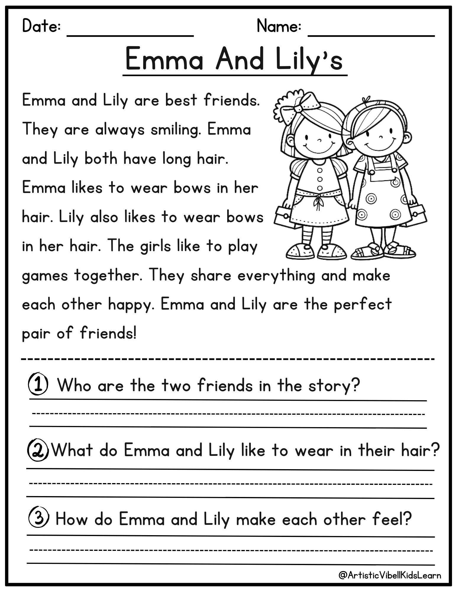 Reading Comprehension Printable - Kindergarten - First Grade with regard to A Girl Who Loved To Draw Reading Comprehension Worksheets Grade 4