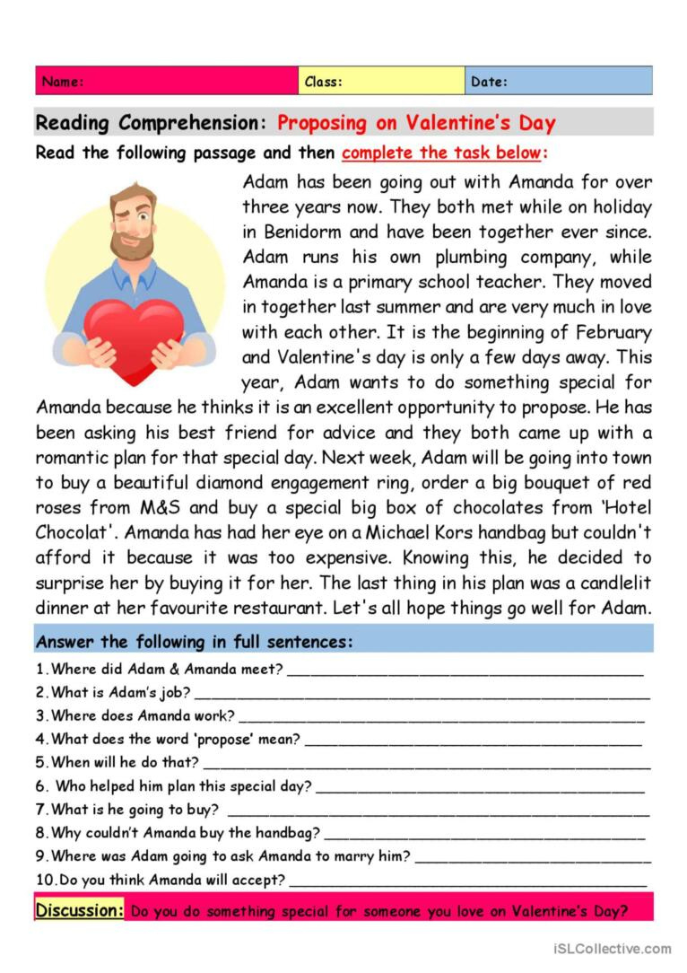 Reading Comprehension: Proposing On…: English Esl Worksheets Pdf &amp;amp; Doc inside Valentine Day Reading Comprehension Worksheets