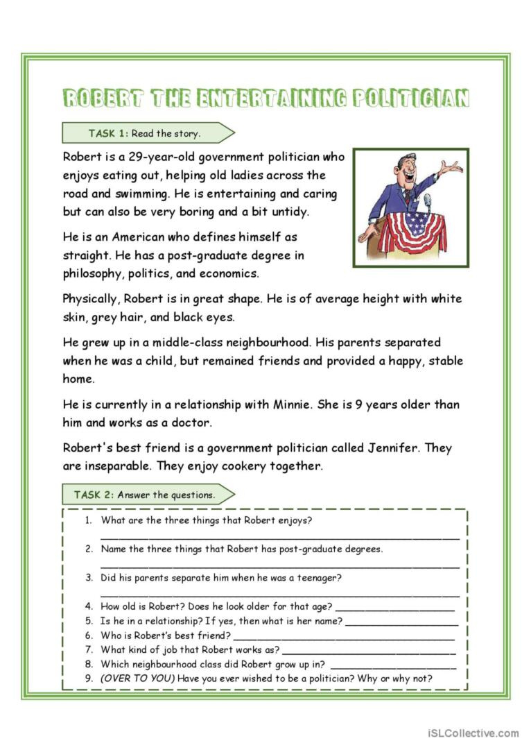 Reading Comprehension - Robert The E…: English Esl Worksheets Pdf within Government Reading Comprehension Worksheets