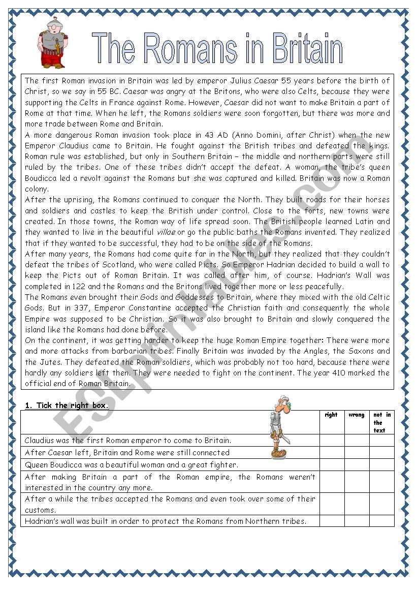 Reading Comprehension Romans In Britain - Esl Worksheetjaneausten8 intended for Ancient Rome Reading Comprehension Worksheets Grade 7