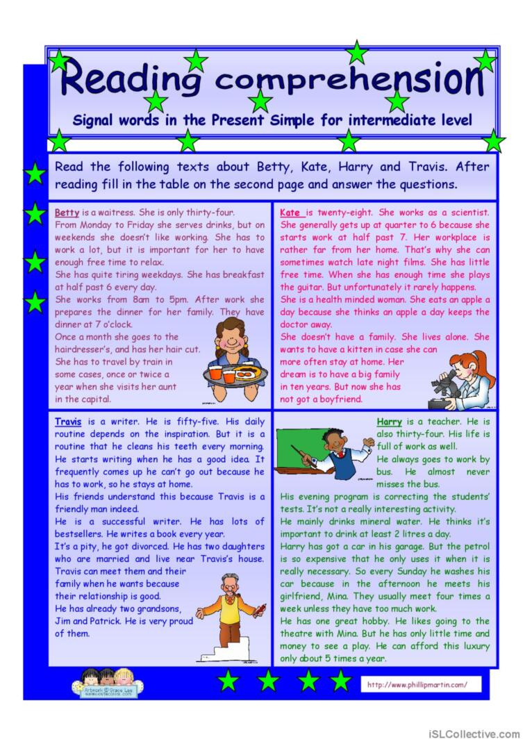 Reading Comprehension * Signal Words…: English Esl Worksheets Pdf in Reading Comprehension Worksheet Intermediate