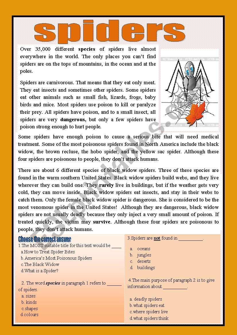 Reading Comprehension (Spiders) - Esl Worksheetaaisha86 within Spiders Reading Comprehension Worksheets Year 3