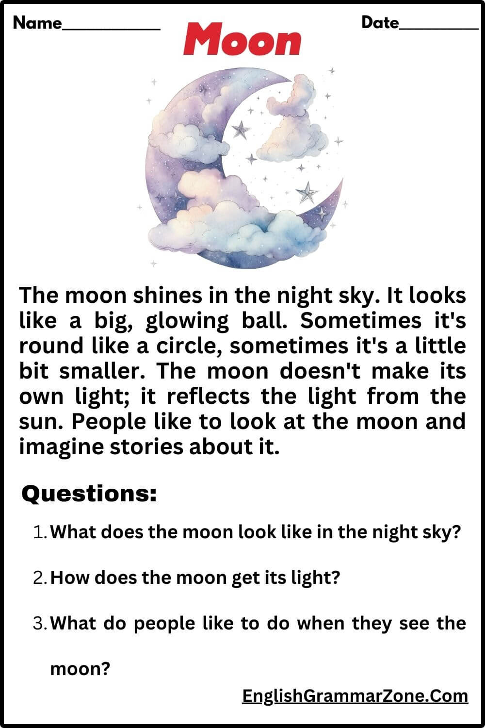 Reading Comprehension : The Moon intended for Moon Reading Comprehension Worksheets