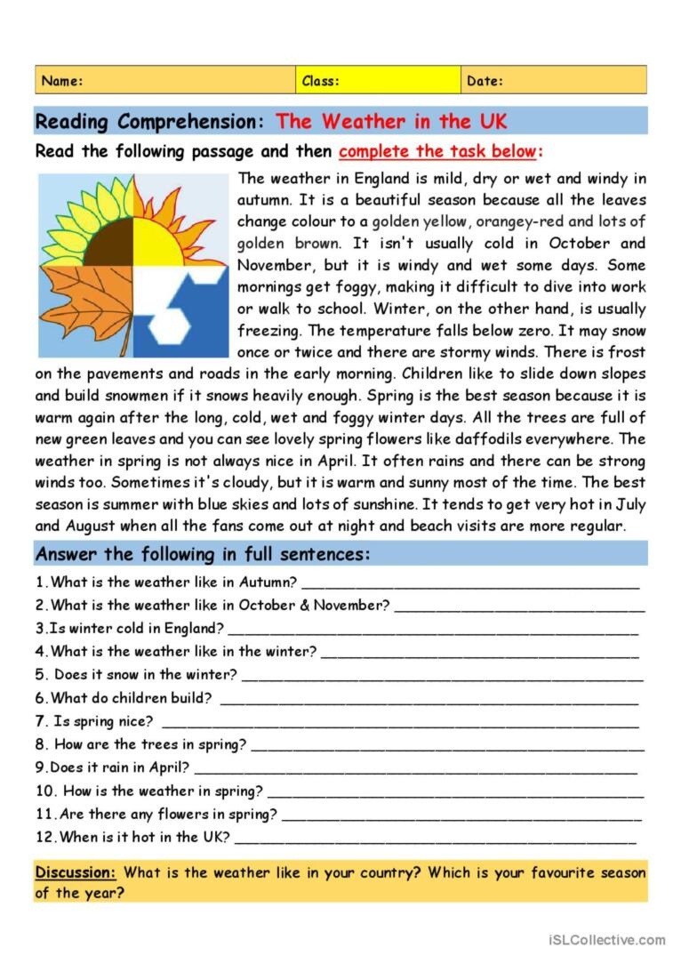 Reading Comprehension: The Weather I…: English Esl Worksheets Pdf throughout Reading Comprehension A2 Worksheet