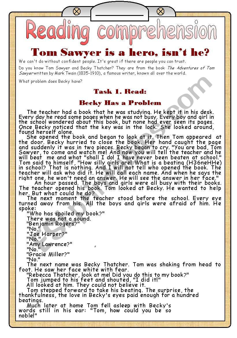 Reading Comprehension &amp;quot;Tom Sawyer&amp;quot; - Esl Worksheetanutka in Tom Sawyer Reading Comprehension Worksheets