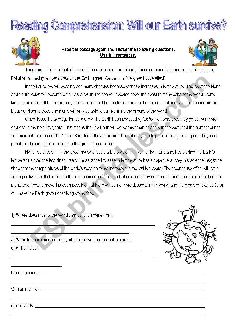 Reading Comprehension: Will Our Earth Survive? - Esl Worksheet inside Will Reading Comprehension Worksheet