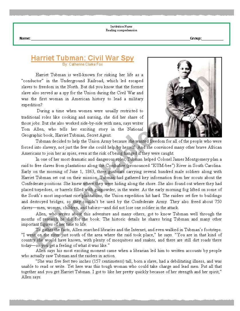 Reading Comprehension Worksheet (Harriet Tubman) - Esl Worksheet for Harriet Tubman Reading Comprehension Worksheets