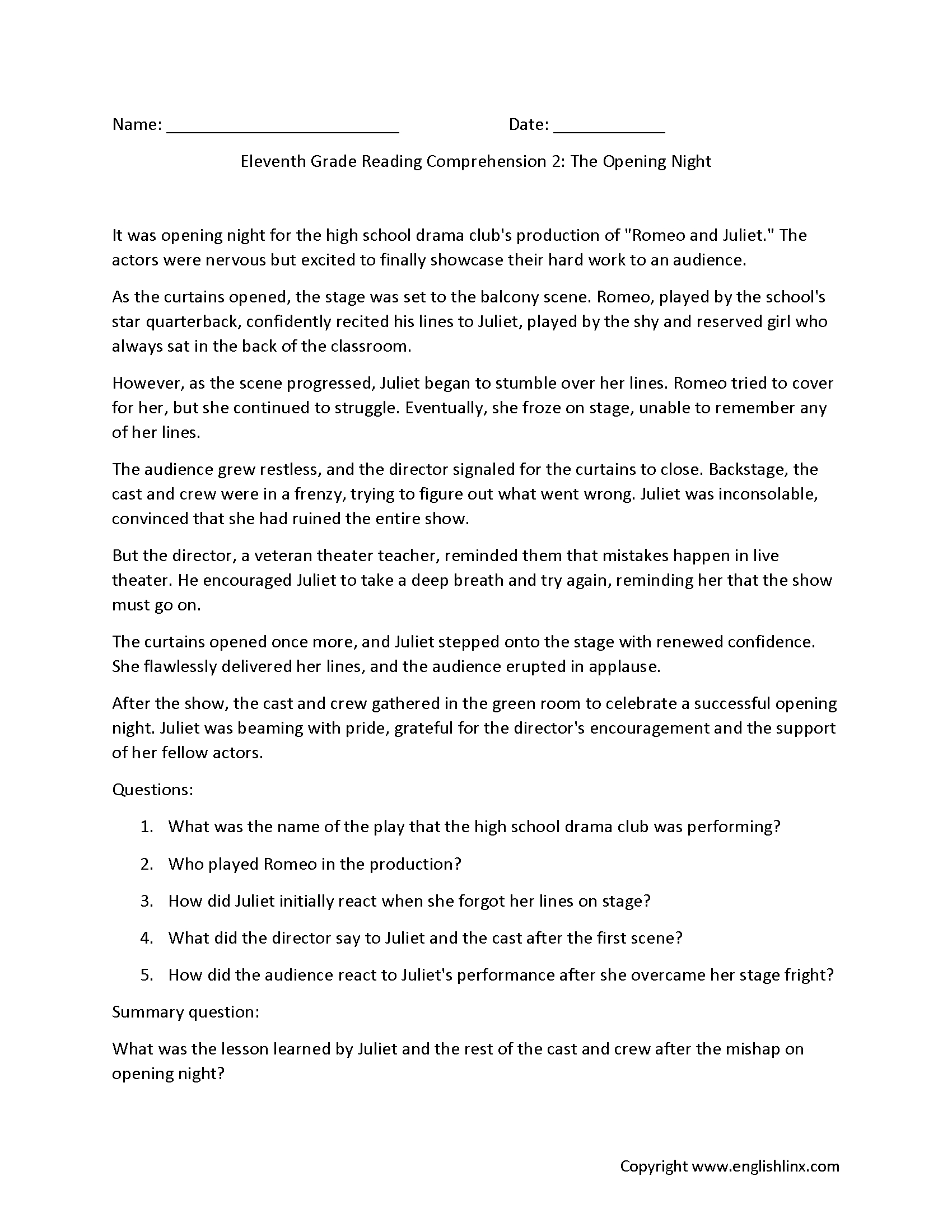 Reading Comprehension Worksheets | Eleventh Grade Reading intended for Grade 11 Reading Materials Comprehension Worksheets