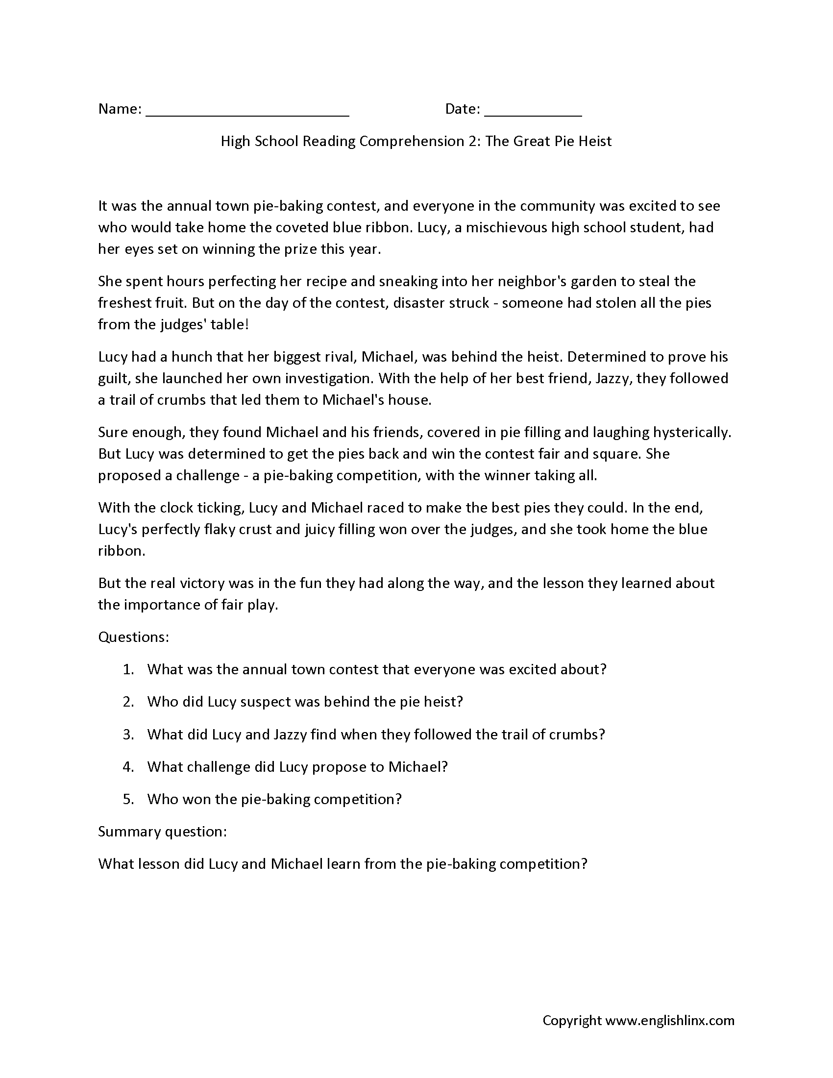 Reading Comprehension Worksheets | High School Reading intended for High School Reading Comprehension Worksheets