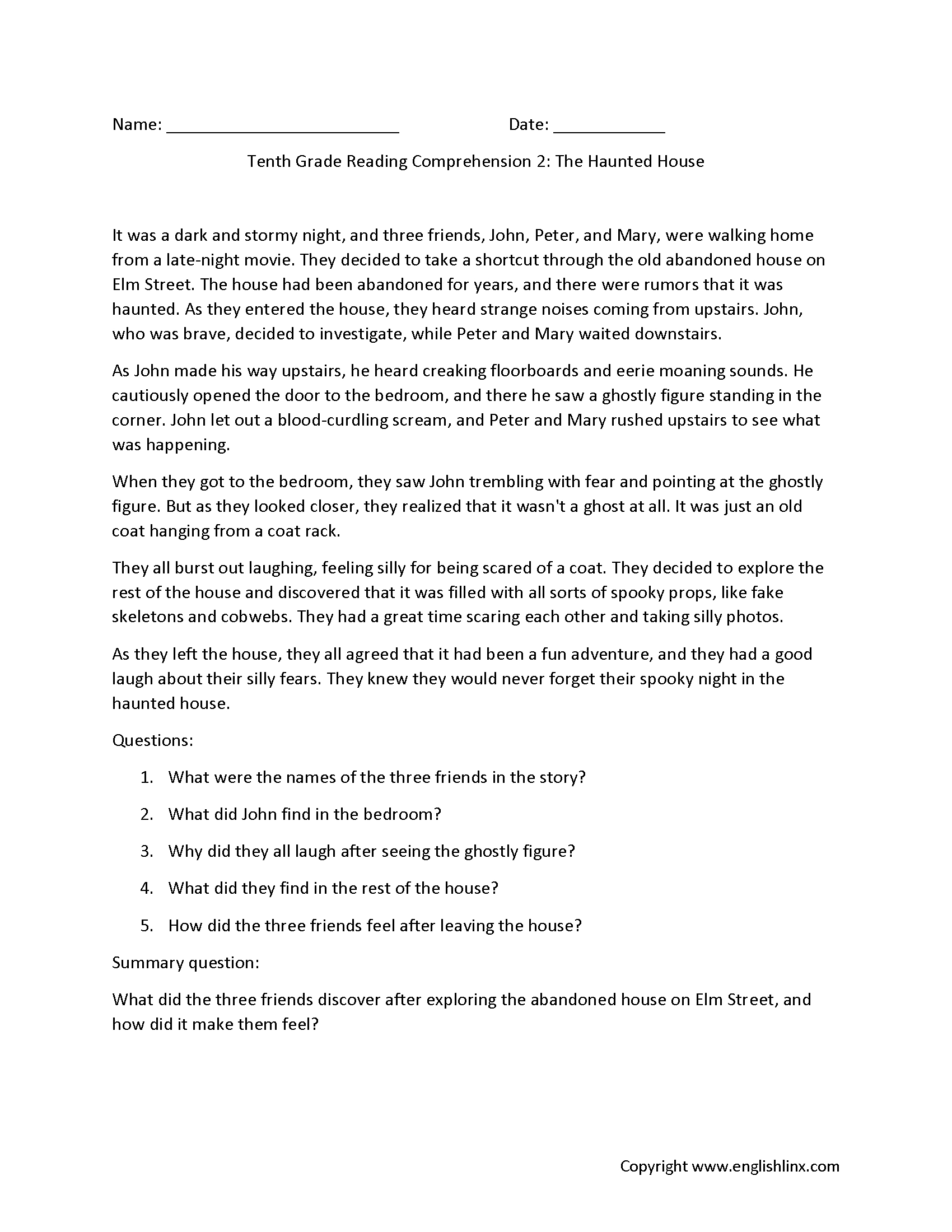 Reading Comprehension Worksheets | Tenth Grade Reading for Grade 10 Reading Comprehension Worksheets