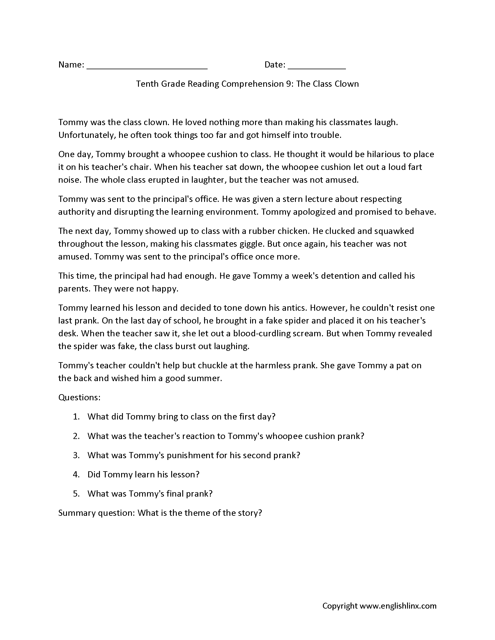 Reading Comprehension Worksheets | Tenth Grade Reading inside 10th Grade Reading Comprehension Worksheets With Answers