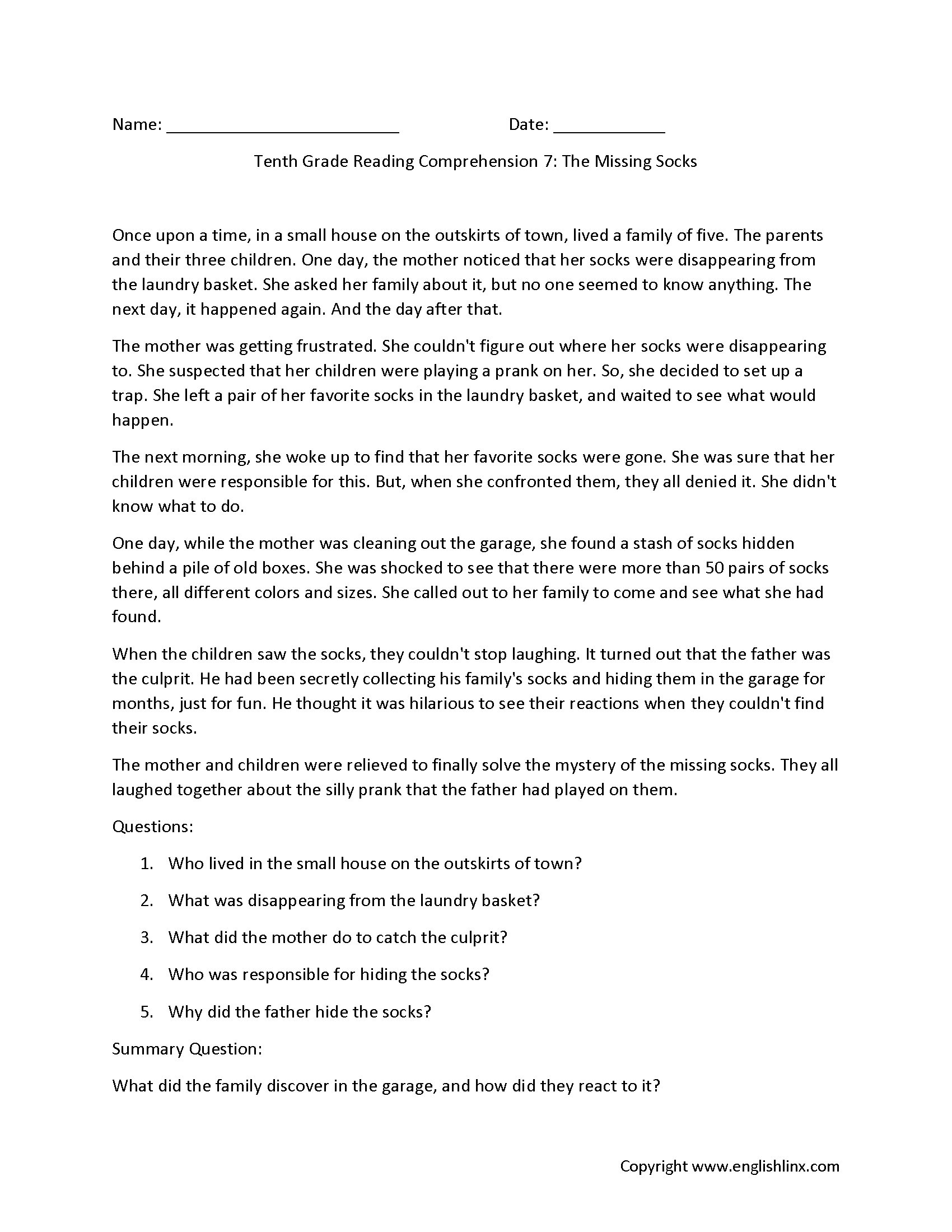 Reading Comprehension Worksheets | Tenth Grade Reading intended for Reading Comprehension Worksheet For Grade 10