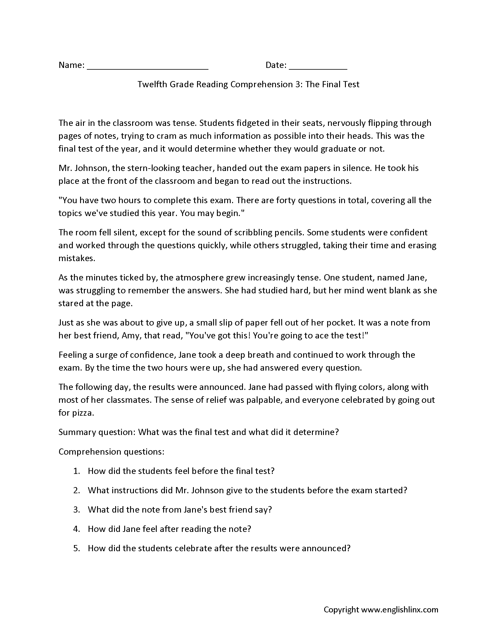 Reading Comprehension Worksheets | Twelfth Grade Reading regarding Year 12 Comprehension Topics Worksheets
