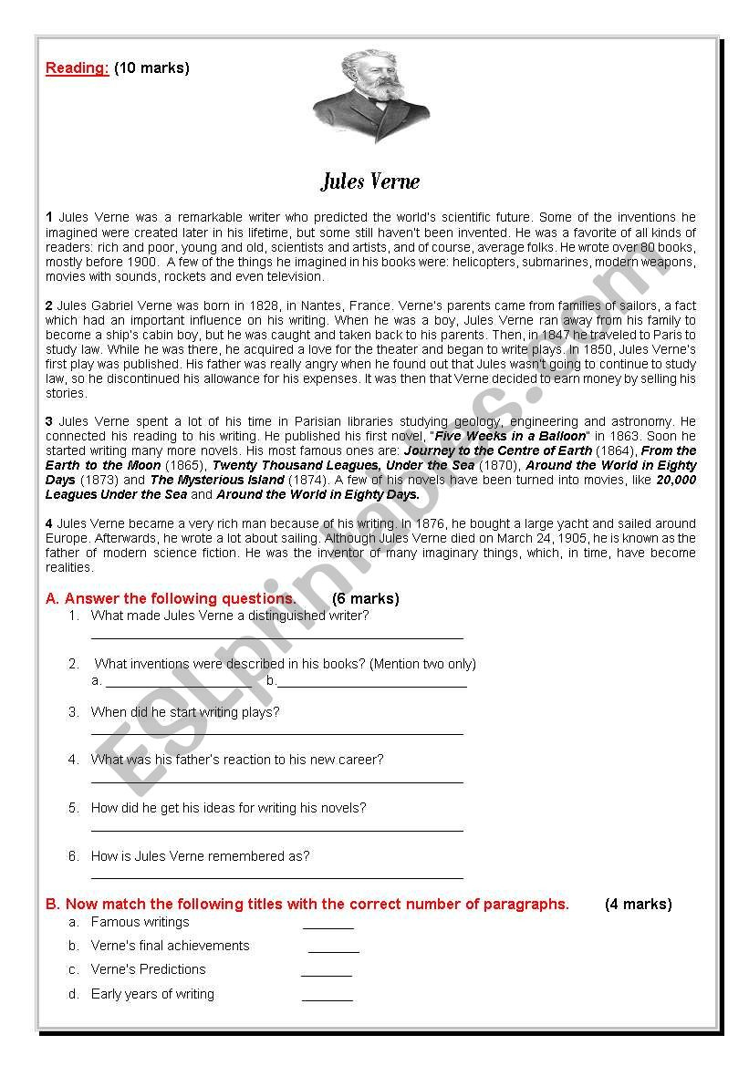 Reading : Jules Verne, The Father Of Modern Science Fiction - Esl throughout Science Fiction Reading Comprehension Worksheets