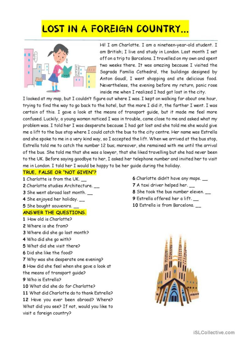 Reading - Lost In A Foreign Country…: English Esl Worksheets Pdf &amp;amp; Doc pertaining to Pre-Intermediate Reading Comprehension Worksheets For International Students