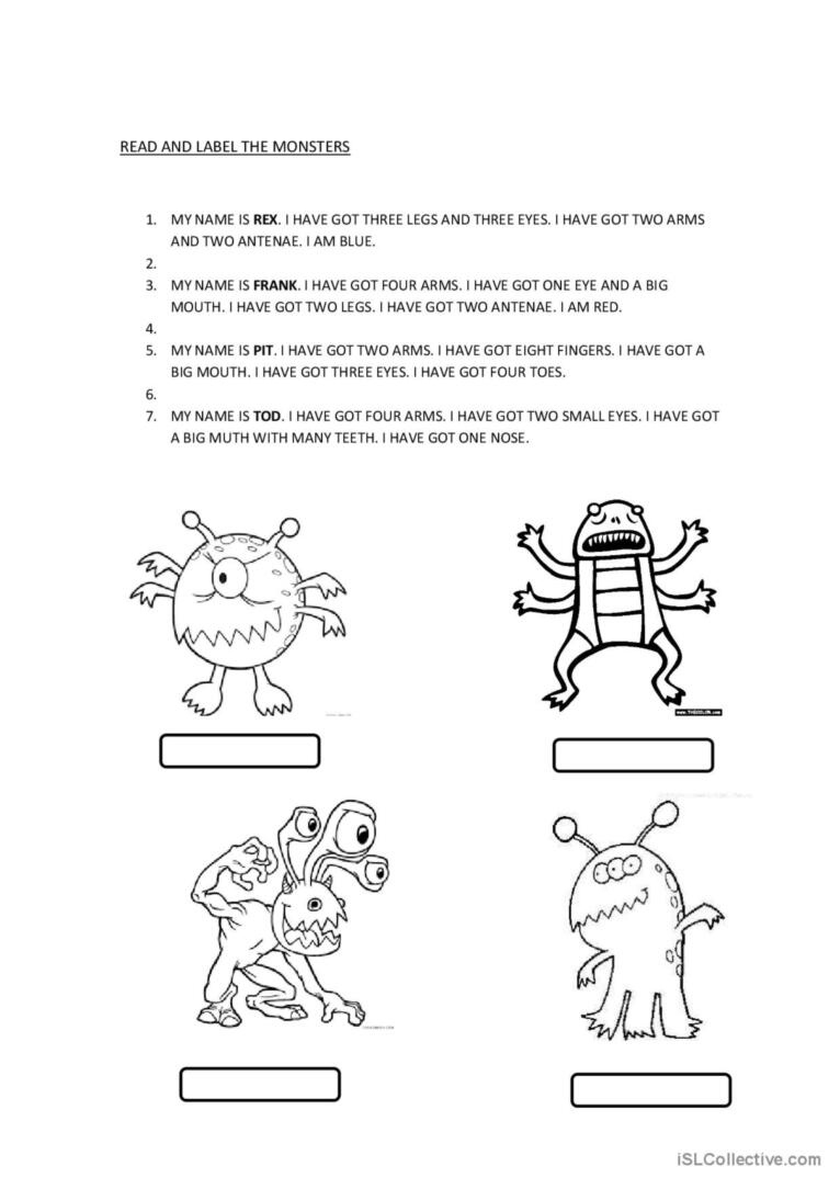 Reading Monsters Body Parts: English Esl Worksheets Pdf &amp;amp; Doc pertaining to Body Parts Reading Comprehension Worksheets