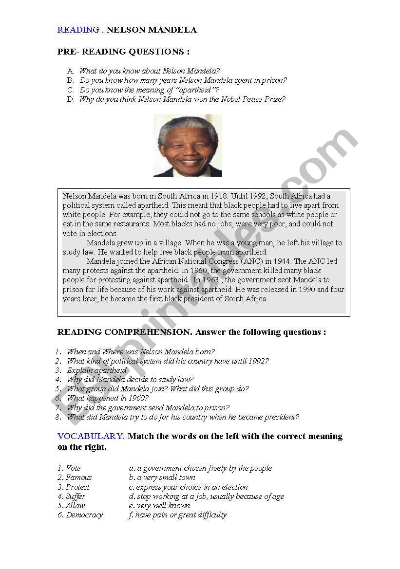 Reading Nelson Mandela - Esl Worksheetpascanales intended for Nelson Mandela Reading Comprehension Worksheets