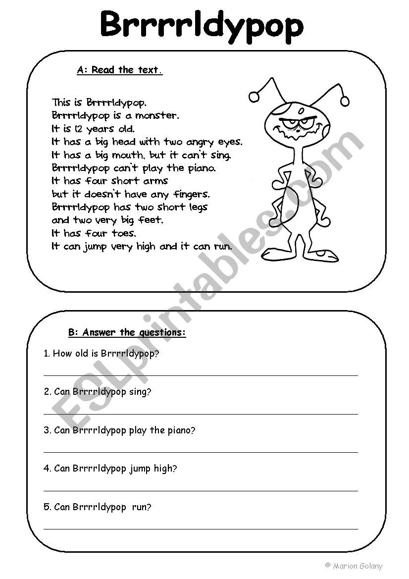 Reading On Body Parts And Can For Ability (2 Pages) - Esl in Body Parts Reading Comprehension Worksheets