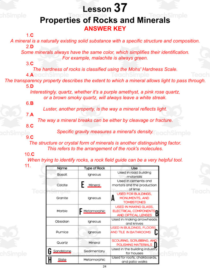 Minerals Reading Comprehension Worksheet Answer Key
