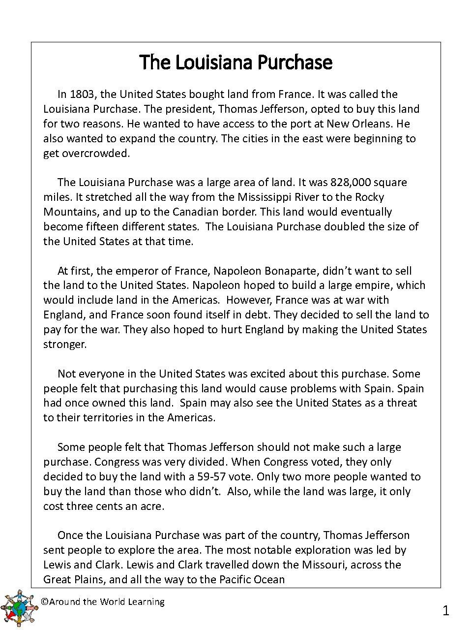 Reading Passage: Louisiana Purchase - Grades 3 &amp;amp; 4 | Tpt with Grade 6 Reading Comprehension Worksheets Jefferson School District