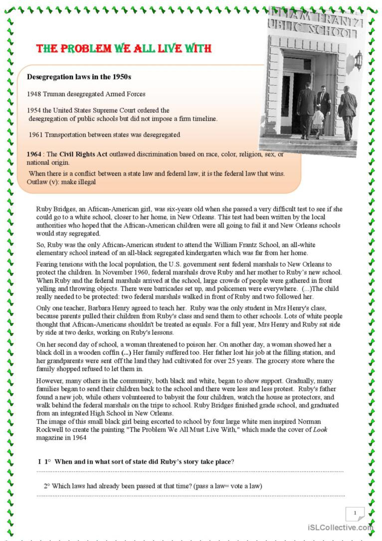 Reading Ruby Bridges Reading For De…: English Esl Worksheets Pdf &amp;amp; Doc inside Ruby Bridges Reading Comprehension Worksheet