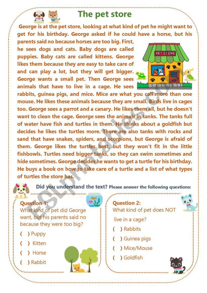 Grade 5 Reading Comprehension Worksheet the Pet Shop
