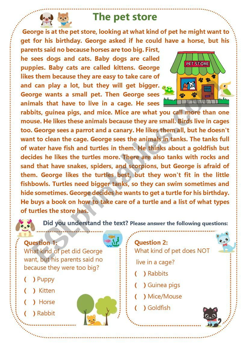 Reading: The Pet Store + Writing: Do You Have A Pet? Describe It throughout Grade 5 Reading Comprehension Worksheet the Pet Shop