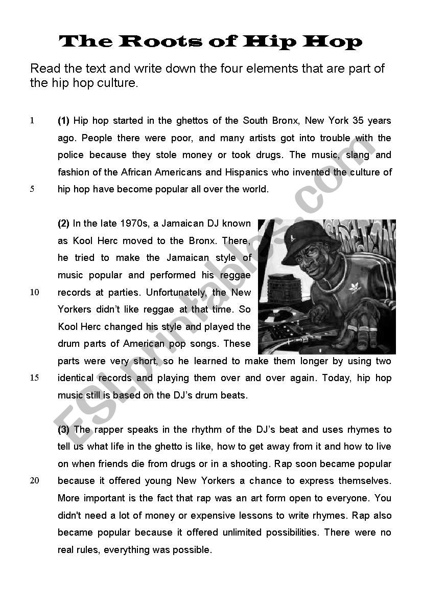Reading: The Roots Of Hip Hop - Esl Worksheetder_Alti in Hip Hop Reading Comprehension Worksheets
