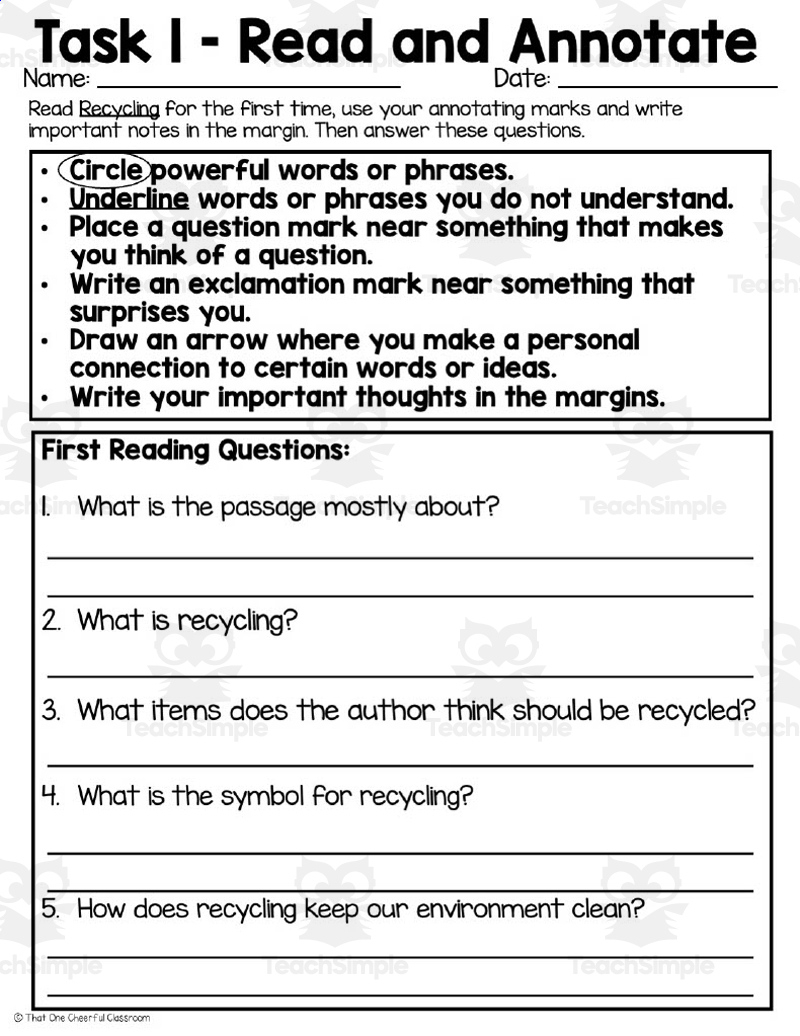 &amp;quot;Recycling&amp;quot; Close Reading Passages in Recycle Reading Comprehension Worksheet