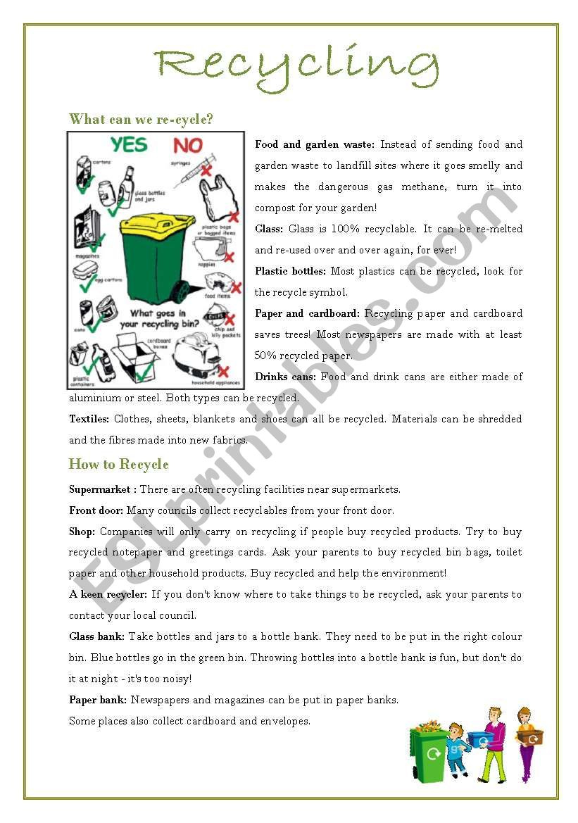 Recycling - Esl Worksheetmmargalef with regard to Recycle Reading Comprehension Worksheet