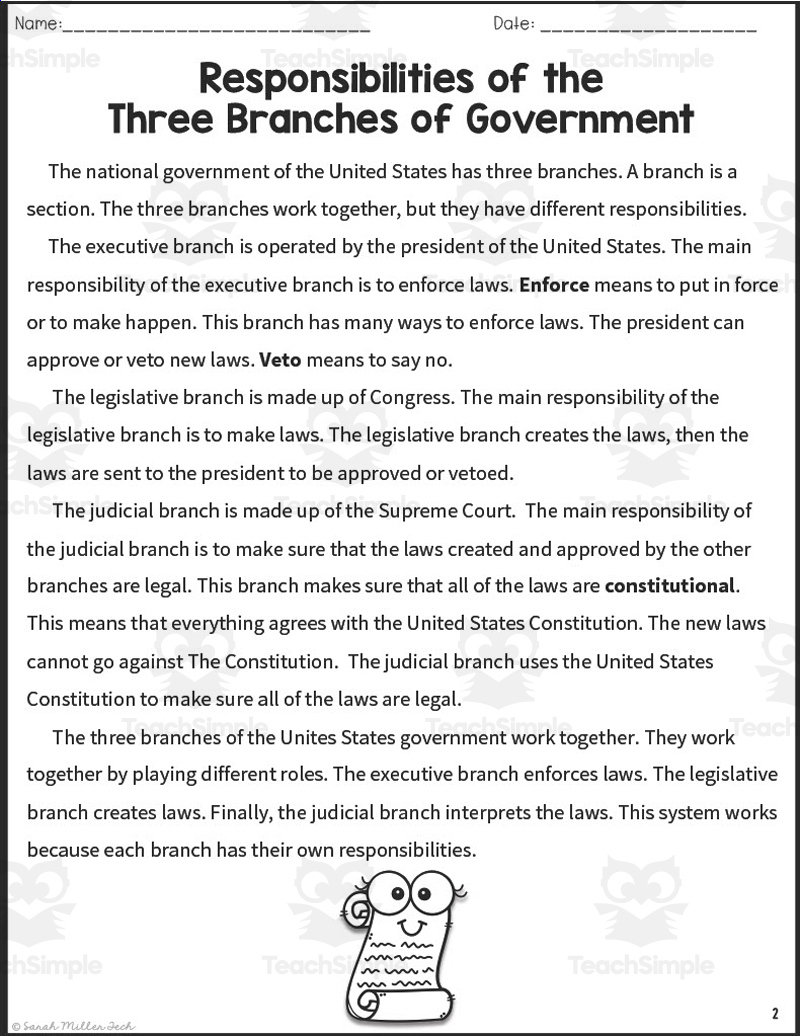 Responsibilities Of The Three Branches Reading Packet in Government Reading Comprehension Worksheets