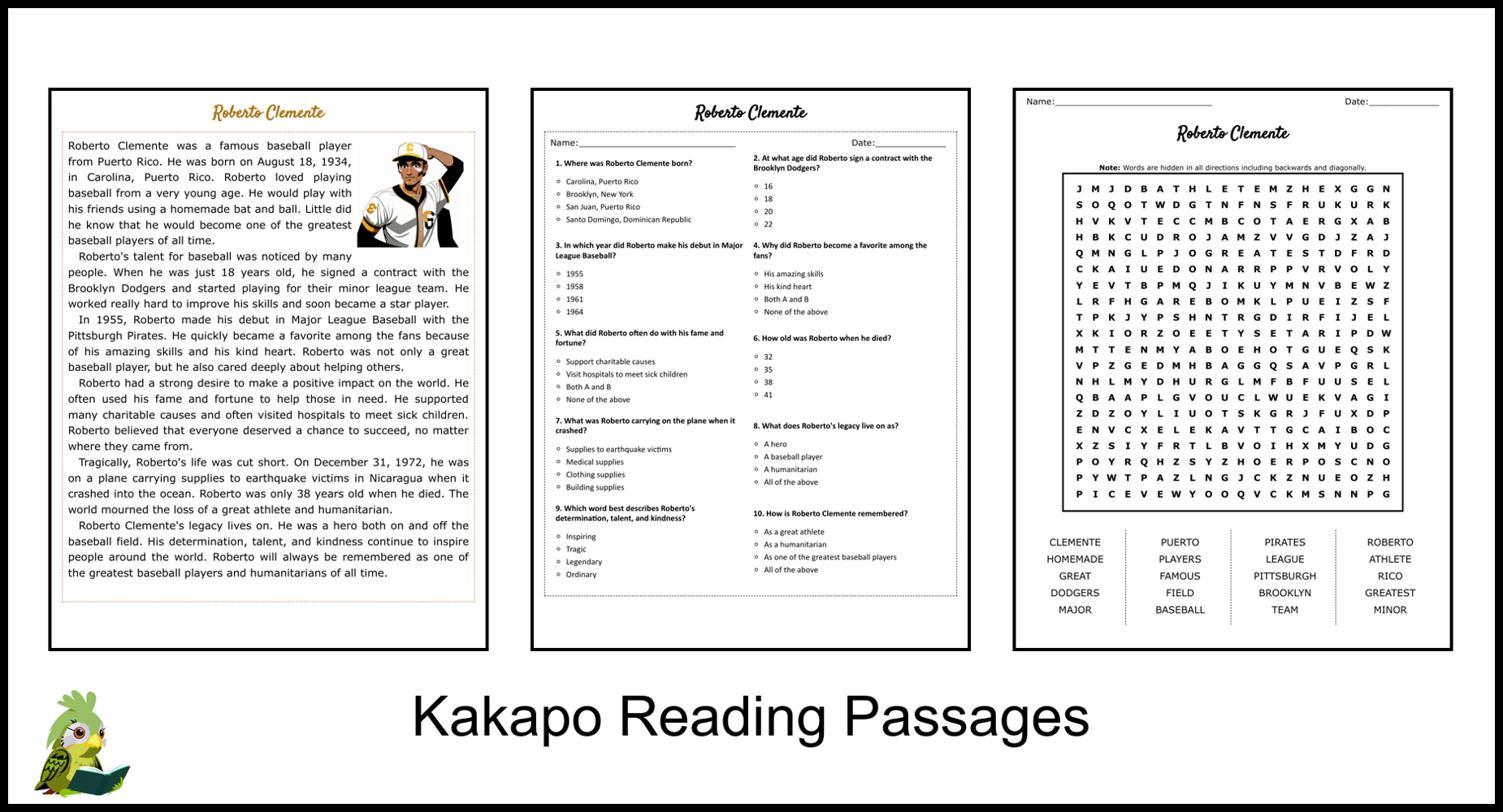 Roberto Clemente Reading Comprehension And Word Search | Teaching inside Roberto Clemente Reading Comprehension Worksheets