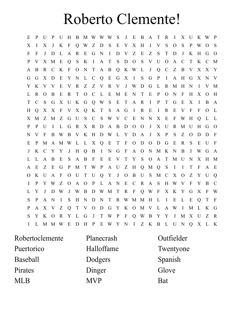 Roberto Clemente! Word Search - Wordmint intended for Roberto Clemente Reading Comprehension Worksheets