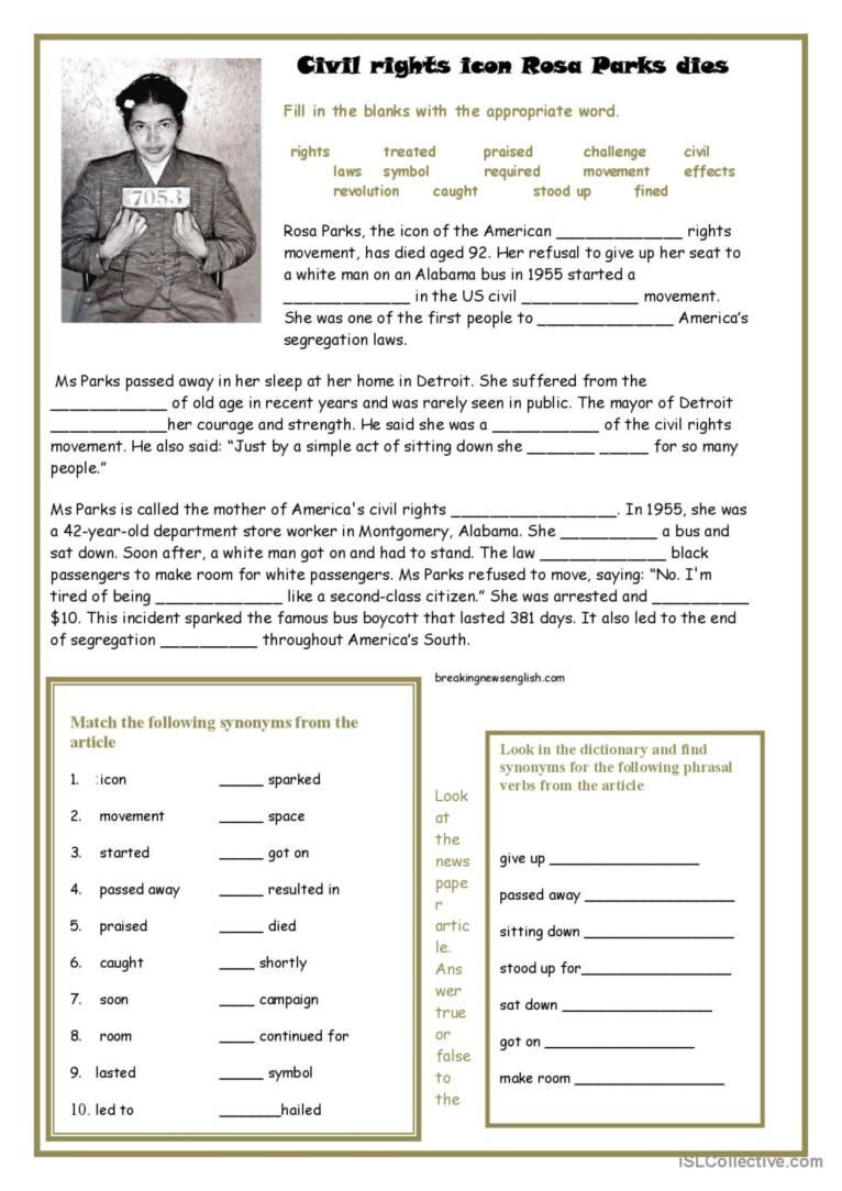 Rosa Parks: English Esl Worksheets Pdf &amp;amp; Doc inside Reading Comprehension Worksheet Rosa Parks