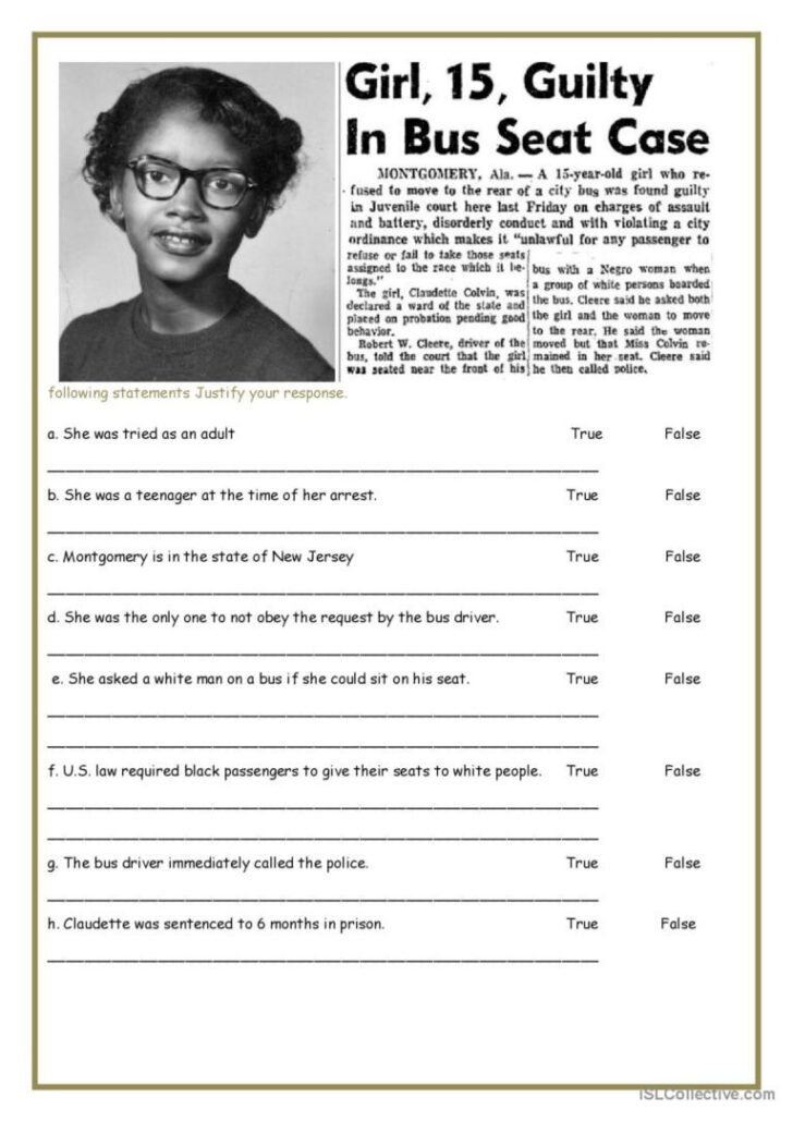 Reading Comprehension Worksheet Rosa Parks Reading Comprehension Worksheet Rosa Parks