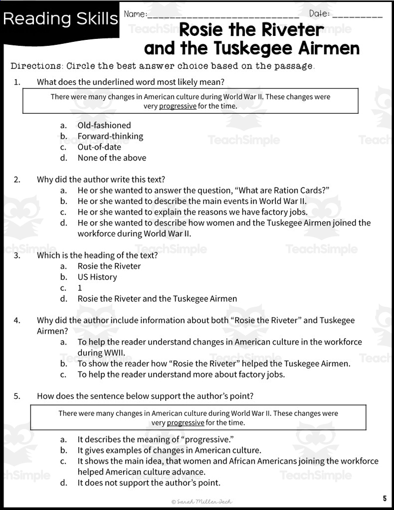 Rosie The Riveter And The Tuskegee Airmen Reading Packet inside Tuskegee Airmen Reading Comprehension Worksheet