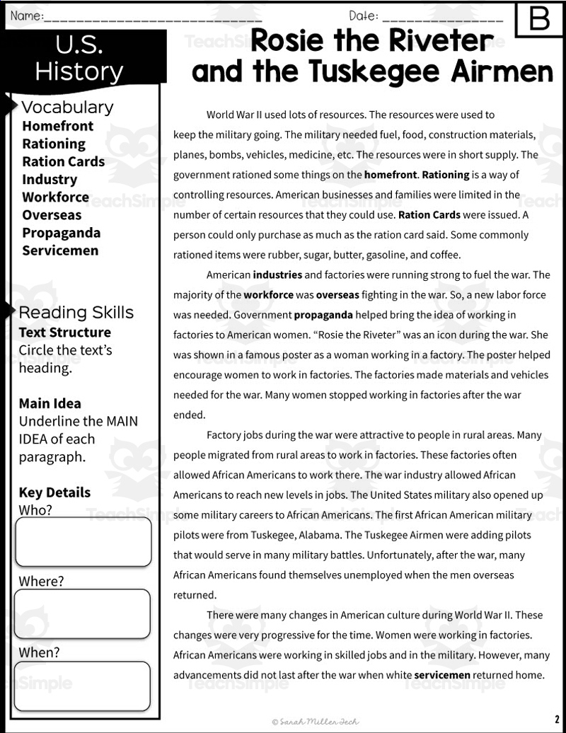 Rosie The Riveter And The Tuskegee Airmen Reading Packet throughout Tuskegee Airmen Reading Comprehension Worksheet