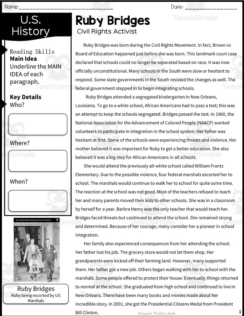 Ruby Bridges Reading Packet within Ruby Bridges Reading Comprehension Worksheet