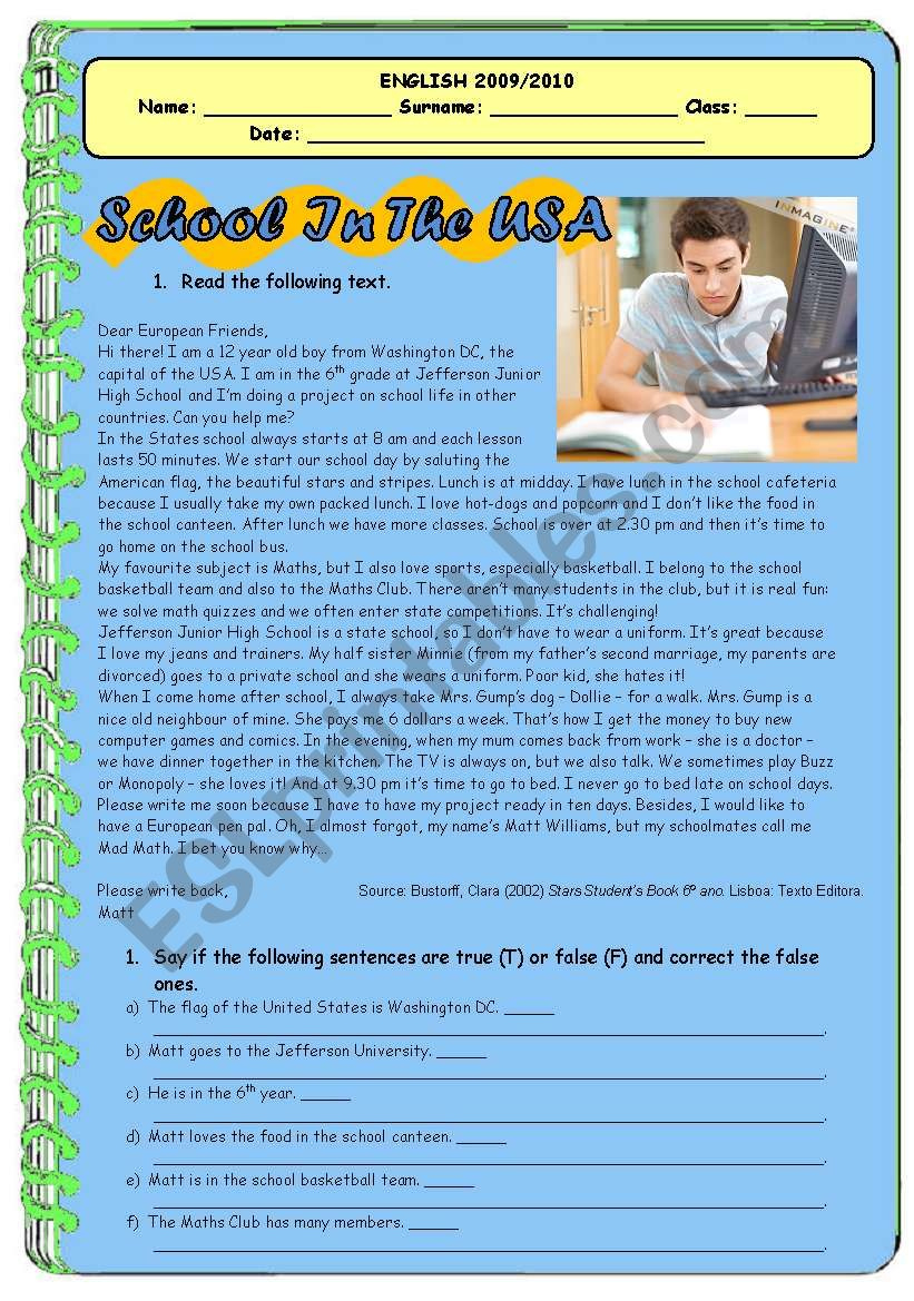 School In The Usa - Present Simple Reading + Exercises - Esl inside Grade 6 Reading Comprehension Worksheets Jefferson School District