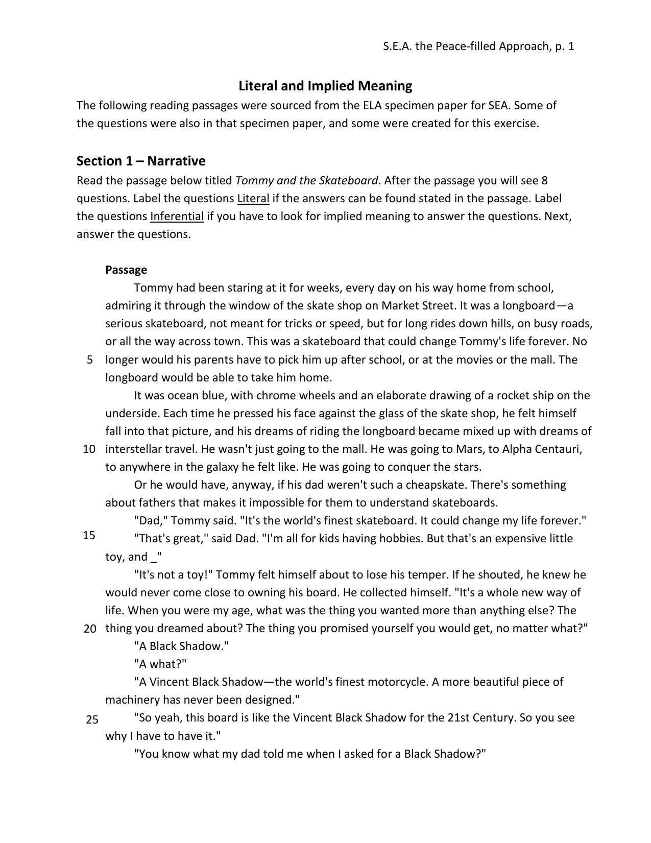 Sea Reading Comprehension: Literal &amp;amp; Inferential Meaning intended for Literal Comprehension Passages Examples Worksheets