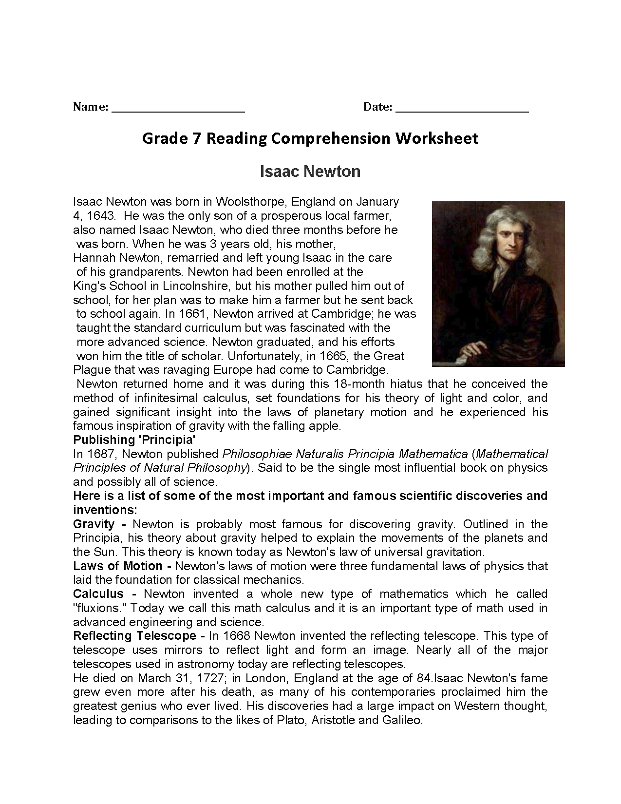 Seventh Grade Reading Worksheets | Vocabulary &amp;amp; Fluency Practice intended for Newton&amp;amp;#039;s Laws Reading Comprehension Worksheet