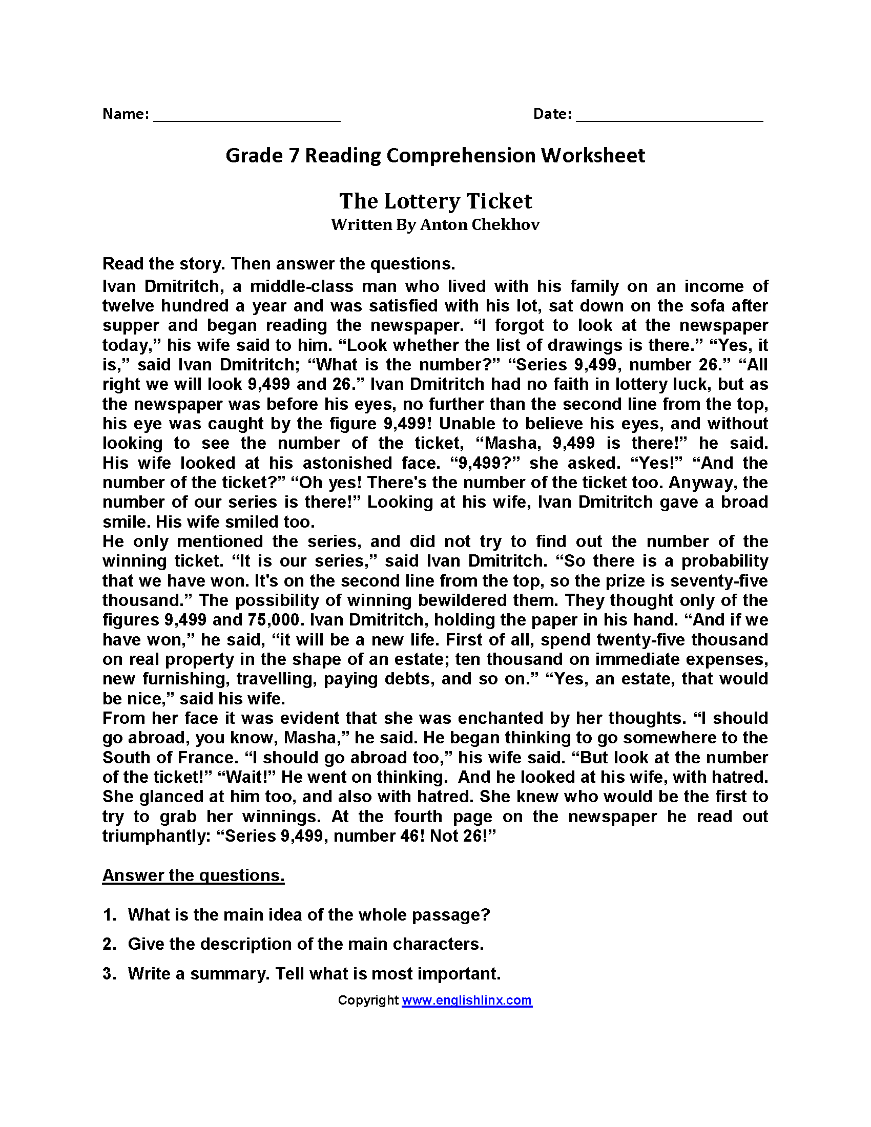 Seventh Grade Reading Worksheets | Vocabulary &amp;amp; Fluency Practice intended for Short Text For Grade 7 Worksheets