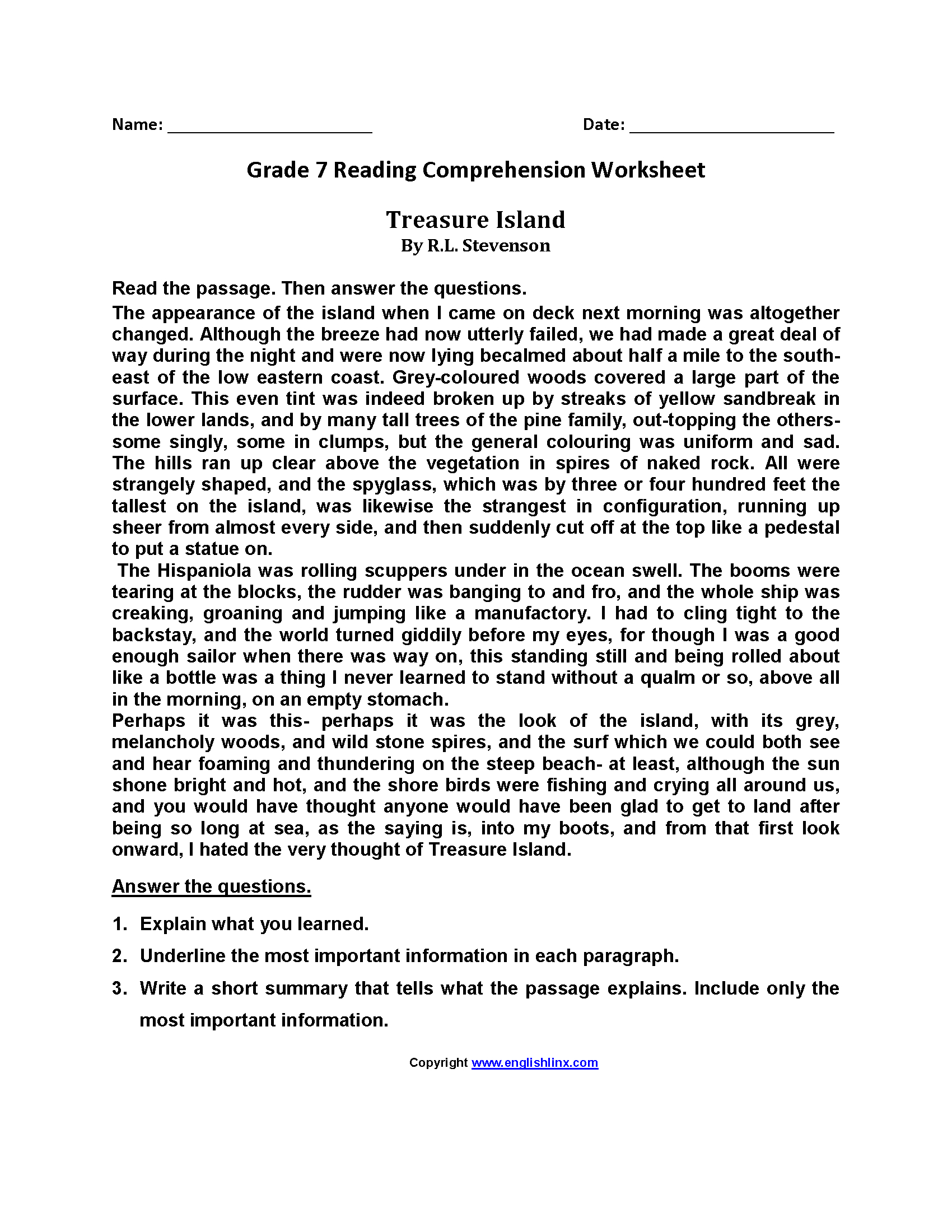 Seventh Grade Reading Worksheets | Vocabulary &amp;amp; Fluency Practice regarding Grade 7 English Story Worksheets