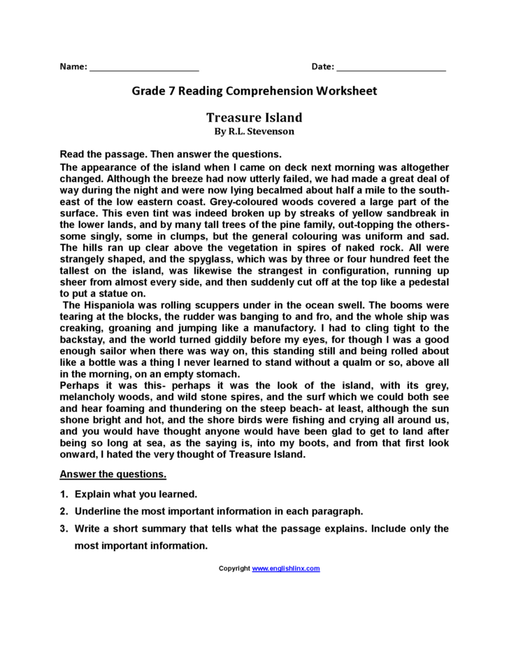 Comprehension Passage Grade 7 Short Story Worksheets