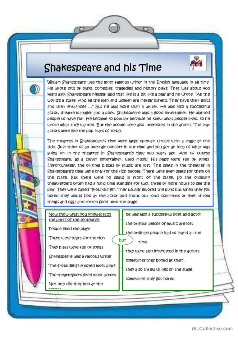 Shakespeare And His Time Reading For…: English Esl Worksheets Pdf inside Shakespeare Comprehension Worksheets